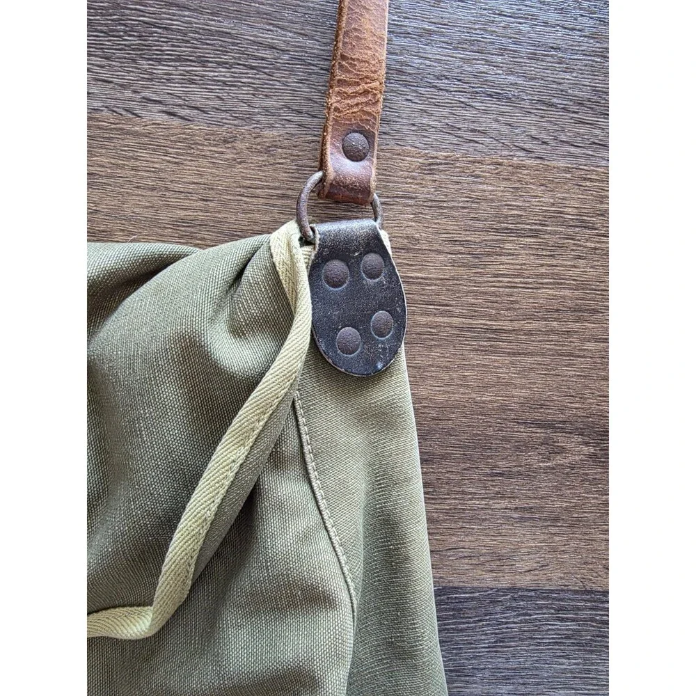 Vintage Military Green Army Canvas Messenger Tote Bag Leather Strap Buckle READ